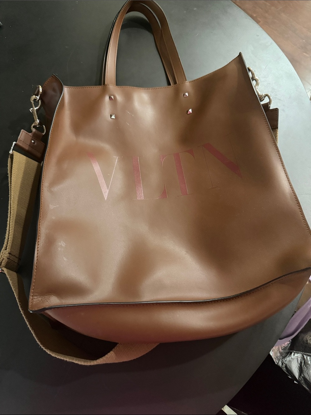 Valentino Garavani Brown Leather VLTN Tote with deep red logo